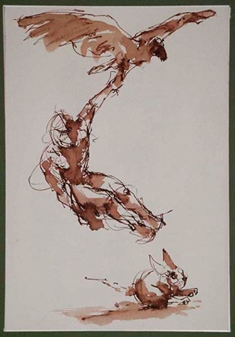 "The Hunters "3. Line & Wash 24x19cm